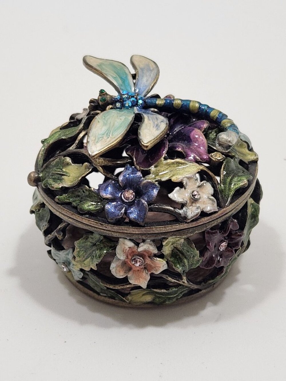 Vintage Rucinni Dragonfly Trinket Box Jeweled Enameled Pewter Floral Filigree 2"
